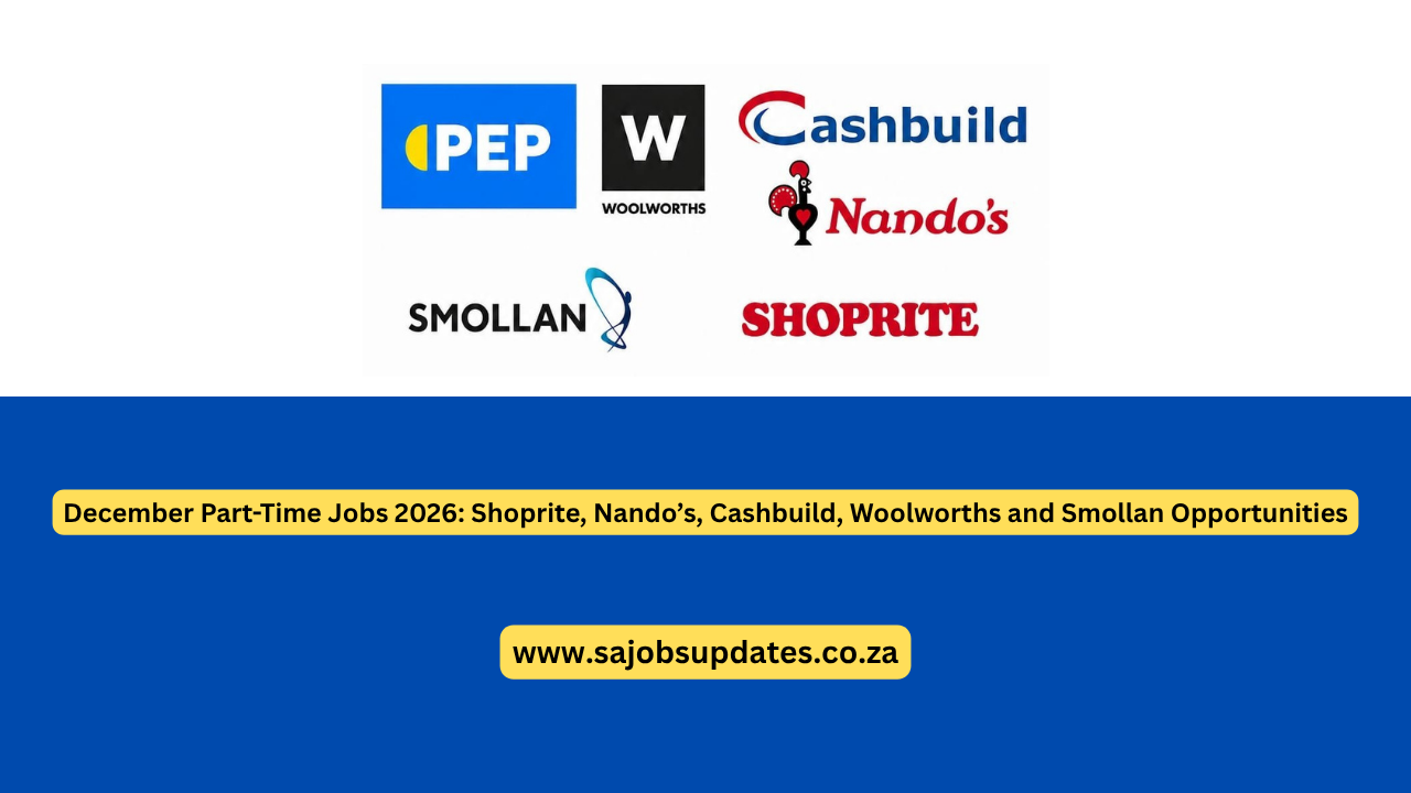 # December Part-Time Jobs 2026: Shoprite, Nando’s, Cashbuild, Woolworths and Smollan Opportunities

Are you looking for **December part-time jobs in South Africa**? The festive season can be a good time to look for temporary and part-time work, especially in retail, restaurants, customer service, merchandising, sales and general support roles.

A recruitment poster highlights December part-time job application opportunities associated with **Shoprite, Nando’s, Cashbuild, Woolworths and Smollan**. The poster also provides application instructions for each opportunity, as well as a website and WhatsApp contact where job seekers can find more opportunities.

If you are a student, unemployed job seeker, school leaver or someone looking for extra income during the festive season, these **December jobs** may be worth exploring.

> **Important:** Always verify a vacancy and its application instructions before submitting your personal information. Use official employer recruitment channels where available, and never pay someone to apply for a legitimate job.

---

## December Part-Time Jobs in South Africa

December is one of the busiest periods of the year for many businesses. Retail stores, restaurants, shopping centres, warehouses and other businesses may experience increased customer demand during the festive season.

This can create a need for temporary workers, seasonal employees and part-time staff.

The advertised opportunities include:

* Shoprite part-time opportunities
* Nando’s part-time opportunities
* Cashbuild opportunities
* Woolworths opportunities
* Smollan opportunities
* Other part-time jobs advertised through DailyUpdate.co.za

Job seekers are encouraged to carefully follow the application instructions associated with each opportunity.

---

# 1. Shoprite December Part-Time Jobs

Shoprite is one of South Africa's largest retail brands, and retail businesses can experience increased demand during the festive season.

According to the poster, applicants interested in the advertised Shoprite opportunity can use the following USSD application method:

**Shoprite: *120*446#**

Applicants should follow the prompts provided after accessing the service.

Potential seasonal retail duties can vary depending on the vacancy and may include areas such as:

* Customer assistance
* Stock handling
* Store support
* Packing and merchandising
* General retail duties
* Cleaning and maintaining work areas
* Assisting customers during busy periods

Applicants should check the specific requirements of the vacancy before applying.

### Who can apply for retail jobs?

Requirements differ between positions. Some entry-level retail opportunities may be suitable for applicants with limited work experience, while other positions can require specific qualifications or previous experience.

If you are interested in Shoprite jobs, make sure your CV contains your correct:

* Full name
* Contact number
* Email address
* Residential area
* Education
* Previous work experience
* Relevant skills

---

# 2. Nando’s December Jobs

Nando’s is another brand featured on the December part-time jobs poster.

The poster provides the following application instruction:

**Nando’s – SMS “nandos” to 37672**

Applicants should carefully follow the instructions provided and make sure that the information they submit is accurate.

Restaurant businesses can become particularly busy during holiday periods, which means temporary and part-time positions may become available depending on business requirements.

Possible restaurant-related duties can include:

* Customer service
* Restaurant support
* Food service assistance
* Cleaning
* Front-of-house support
* General restaurant duties
* Assisting with busy periods

The exact responsibilities depend on the position and employer.

### Nando’s part-time jobs for students

Part-time restaurant work can be attractive to students and young people looking for temporary employment experience.

Working in a restaurant can help applicants develop valuable skills such as:

* Communication
* Customer service
* Teamwork
* Time management
* Working under pressure
* Professional conduct

These skills can also be useful when applying for future employment opportunities.

---

# 3. Cashbuild December Job Opportunities

Cashbuild is also featured on the poster as one of the companies associated with December employment opportunities.

The application instruction shown on the poster is:

**Cashbuild – *120*5852*9#**

Job seekers should follow the instructions provided through the application process.

Depending on the position, building-material and retail environments may require employees to assist with customers, stock, merchandising and general store operations.

Potential duties can include:

* Customer assistance
* Stock handling
* General store support
* Loading and unloading
* Merchandising
* Maintaining clean work areas
* Assisting customers with products
* General operational duties

The actual requirements and responsibilities depend on the advertised position.

---

# 4. Woolworths December Part-Time Jobs

Woolworths is another major South African retailer featured on the poster.

The application instruction provided is:

**Woolworths – SMS your name with capital letters to 47439**

Applicants should ensure that they follow the requested format when submitting their details.

Woolworths has different departments and types of positions, meaning job responsibilities can vary considerably.

Possible retail responsibilities may include:

* Customer service
* Store assistance
* Stock support
* Merchandising
* Till or cashier-related duties
* General retail support
* Maintaining store standards

Applicants should not assume that every position has the same requirements. Always check the specific vacancy details before applying.

---

# 5. Smollan December Jobs

Smollan is also listed among the opportunities on the December part-time jobs poster.

The poster provides the following instruction:

**Smollan – SMS your name, surname and location to 061 382 4641**

If you are applying, make sure that your information is correctly written before sending your message.

Smollan operates across areas associated with sales, marketing, merchandising and field-based services. Depending on the available position, applicants may encounter opportunities involving:

* Merchandising
* Customer interaction
* Sales support
* Product promotion
* Retail support
* Field work
* Brand representation

Requirements vary according to the specific role.

---

# How to Apply for December Part-Time Jobs

Applying for a seasonal job may seem simple, but job seekers should still take the process seriously.

Here are some important steps to follow.

## Step 1: Read the Job Advertisement Carefully

Before applying, read the entire advertisement.

Look for information such as:

* Company name
* Position
* Closing date
* Minimum requirements
* Location
* Application method
* Required documents
* Contact information

Do not send random messages to employers without understanding what position you are applying for.

---

## Step 2: Prepare Your CV

A professional CV can make it easier for employers to understand your qualifications and experience.

Your CV should generally include:

**Personal details**

* Full name
* Phone number
* Email address
* Location

**Education**

* Highest qualification
* School or institution
* Relevant subjects or courses

**Work experience**

* Previous employers
* Job titles
* Responsibilities
* Employment dates

**Skills**

* Communication
* Computer literacy
* Customer service
* Teamwork
* Time management
* Problem-solving

If you have no previous work experience, do not automatically assume that you cannot apply. Look for vacancies that specifically accept entry-level applicants.

---

# Who Should Apply for December Part-Time Jobs?

December employment opportunities can be suitable for different types of job seekers.

### Students

Students can use part-time employment to gain workplace experience and earn income during holidays.

### Unemployed Job Seekers

If you are currently unemployed, temporary work can provide valuable experience while you continue searching for permanent employment.

### School Leavers

Some entry-level positions may be suitable for young people who have completed Grade 12, depending on the employer's requirements.

### People Looking for Temporary Work

If you do not want permanent employment or are only available during the festive season, seasonal work may be worth considering.

---

# Why December Part-Time Jobs Can Be Valuable

Taking a temporary job can offer more than just income.

## 1. Gain Work Experience

Having employment experience on your CV can help demonstrate that you have worked in a professional environment.

## 2. Develop Communication Skills

Retail and restaurant positions often involve interacting with customers and colleagues.

## 3. Build Your CV

Even a short-term position can provide experience that you may include on your CV, provided it accurately reflects the work you performed.

## 4. Learn Teamwork

Many seasonal jobs require employees to work as part of a team.

## 5. Develop Time Management

Balancing shifts, responsibilities and deadlines can help you develop useful workplace habits.

---

# Important Tips When Applying for Jobs

Job seekers should be careful when responding to employment advertisements online and through social media.

### Never Pay for a Job Application

Be cautious if someone asks you to pay money before you can receive a job offer.

Legitimate recruitment processes should clearly explain any legitimate costs, if applicable. Be especially suspicious of requests for payment simply to "secure" a job.

### Protect Your Personal Information

Do not send unnecessary sensitive information to unknown people.

Never share:

* Banking PINs
* Passwords
* One-time passwords
* Internet banking details
* Card PINs

### Verify the Employer

Before accepting an offer, try to confirm that the vacancy exists and that you are communicating with a legitimate employer or recruitment channel.

### Be Careful With Fake Job Offers

Scammers sometimes use well-known company names to make fake vacancies appear genuine.

If an offer seems too good to be true, take time to verify it.

---

# Find More Part-Time Job Opportunities

The poster directs job seekers to:

**[www.dailyupdate.co.za](http://www.dailyupdate.co.za)**

The website can be used to look for additional employment information and opportunities.

Job seekers looking for **December jobs, part-time jobs, retail jobs, general worker jobs, cashier jobs, warehouse jobs, cleaner jobs and other entry-level opportunities** should regularly check new vacancy listings.

You can also use the WhatsApp contact advertised on the poster:

**WhatsApp: 061 282 9668**

Applicants should always verify vacancy information before submitting personal details.

---

# December Jobs Are Competitive – Apply Early

Seasonal employment can attract a large number of applicants because many people are searching for temporary work at the same time.

For this reason, job seekers should avoid waiting until the last minute.

Prepare your CV early, check vacancies regularly and apply as soon as you find an opportunity that matches your qualifications and availability.

Remember that applying does not guarantee employment. Employers make their own decisions based on their recruitment requirements.

---

# Frequently Asked Questions About December Part-Time Jobs

## Are there December part-time jobs in South Africa?

Yes. Businesses in sectors such as retail, restaurants, logistics, merchandising and customer service may recruit temporary or part-time workers during busy periods. The availability of positions changes from employer to employer.

## Can students apply for December jobs?

Students can look for part-time and seasonal positions that match their availability and meet the employer's requirements.

## Can Grade 12 applicants apply?

Some entry-level vacancies may accept applicants with Grade 12, but requirements vary. Always check the individual vacancy before applying.

## Do I need previous work experience?

Not necessarily. Some entry-level positions may accept applicants without extensive experience, while others require previous experience.

## How do I apply for the jobs advertised?

The poster provides different application instructions for each company. These include USSD codes and SMS application methods. Follow the instructions associated with the specific opportunity rather than using the same method for every company.

## Where can I find more job opportunities?

The poster directs applicants to **[www.dailyupdate.co.za](http://www.dailyupdate.co.za)** for more opportunities.

## Is December work permanent?

Not necessarily. December and festive-season vacancies are often temporary or seasonal, although the type and duration of employment depends on the employer and position.

---

# Final Words

If you are searching for **December part-time jobs in South Africa**, now is a good time to prepare yourself for available seasonal opportunities. The advertised opportunities include **Shoprite, Nando’s, Cashbuild, Woolworths and Smollan**, with different application instructions provided for each.

Whether you are a student looking for holiday work, a Grade 12 school leaver searching for your first opportunity, or an unemployed job seeker looking to gain experience, part-time work can help you develop valuable workplace skills.

Remember to **read the requirements carefully, prepare a professional CV, follow the correct application instructions and verify vacancies before submitting your information**.

For more employment opportunities, visit **[www.dailyupdate.co.za](http://www.dailyupdate.co.za)** and keep checking for new job listings.

**Looking for work? Don't keep the opportunity to yourself — share this article with friends, family members, students and other job seekers who may be looking for December employment.**

---

## SEO Meta Information

**SEO Title:**
December Part-Time Jobs 2026: Shoprite, Nando’s, Cashbuild, Woolworths & Smollan

**Meta Description:**
Looking for December part-time jobs in South Africa? Find application information for Shoprite, Nando’s, Cashbuild, Woolworths and Smollan opportunities.

**Focus Keyword:**
**December part-time jobs 2026**

**Secondary Keywords:**

* December jobs 2026
* part-time jobs South Africa
* festive season jobs
* holiday jobs South Africa
* Shoprite jobs
* Nando’s jobs
* Cashbuild jobs
* Woolworths jobs
* Smollan jobs
* December jobs for students
* Grade 12 jobs
* temporary jobs South Africa
* retail jobs South Africa
* jobs for unemployed people
* entry-level jobs South Africa

**Suggested URL Slug:**
`/december-part-time-jobs-2026/`

**Suggested Tags:**
`December Jobs, Part-Time Jobs, South Africa Jobs, Shoprite Jobs, Nandos Jobs, Cashbuild Jobs, Woolworths Jobs, Smollan Jobs, Temporary Jobs, Retail Jobs`
